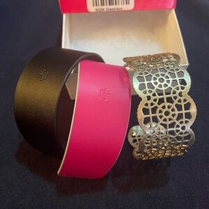 Premier Designs Chameleon Gold Filigree Bracelet with 4 Leather inserts in box.